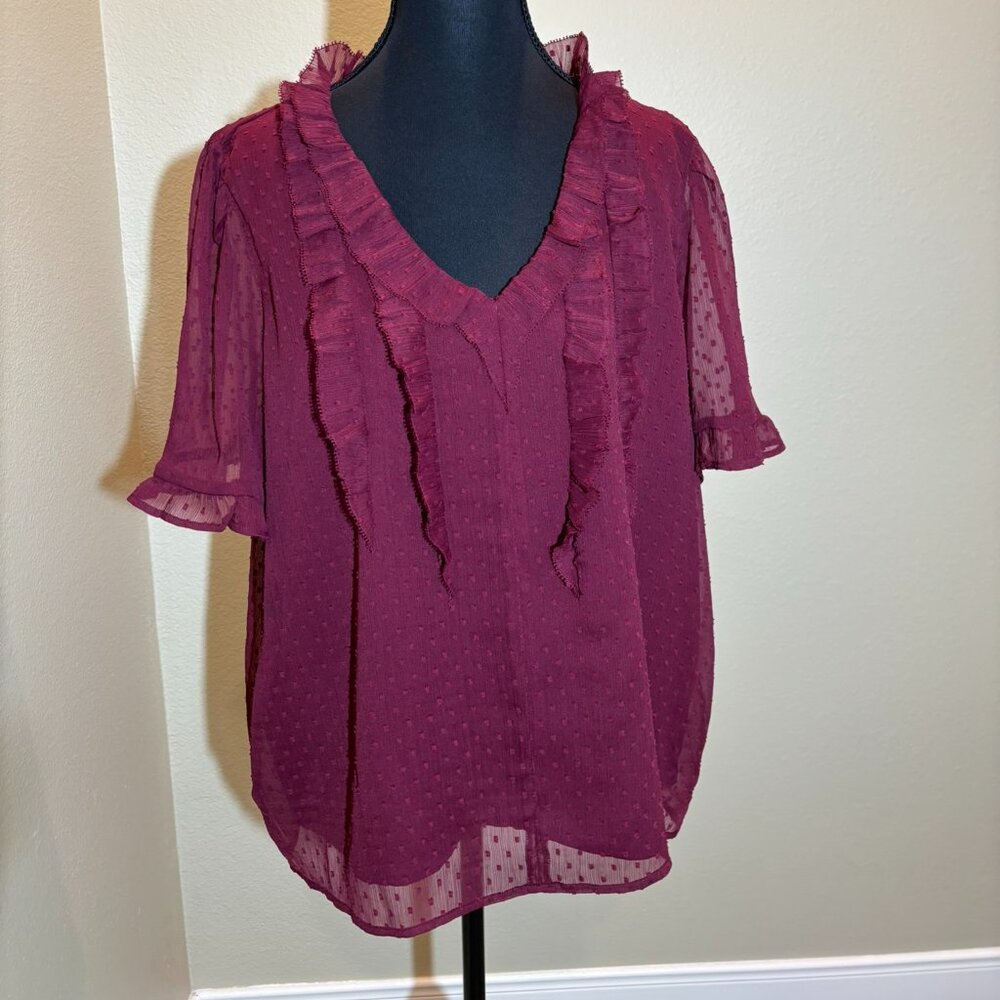 Loft Burgundy Ruffle Short Sleeve Blouse XL